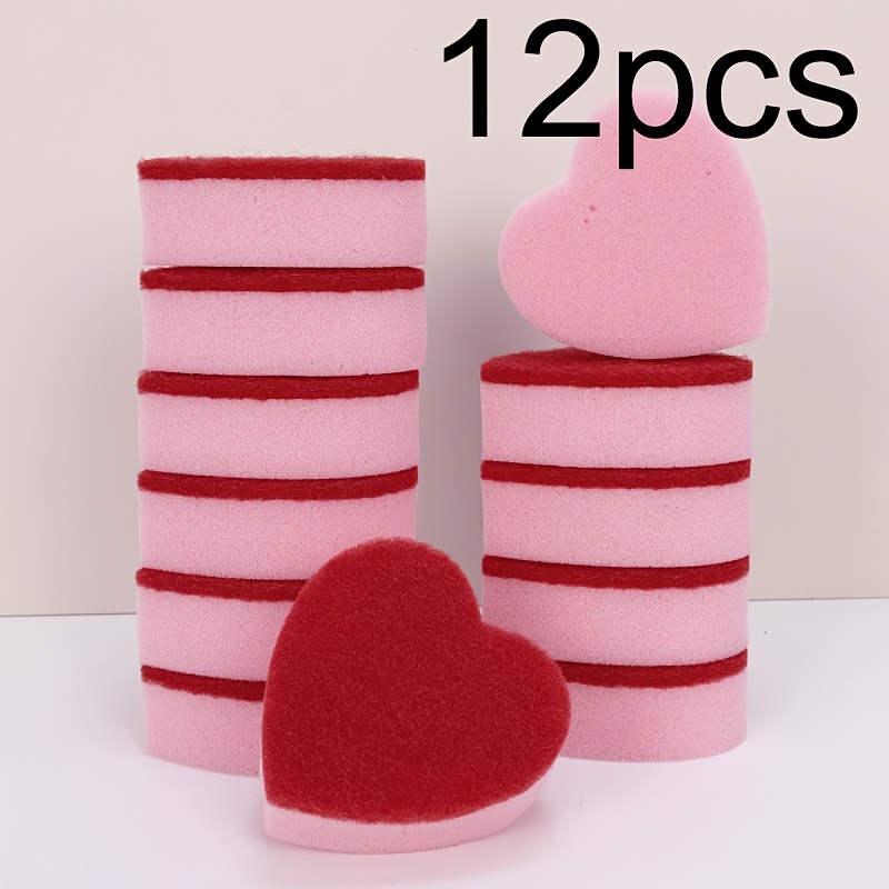 3/6/12pcs Heart-shaped Sponge Cleaning Pads | Durable Polyurethane, Ideal For Kitchen Cleaning, Dishwashing, And Sink Wiping