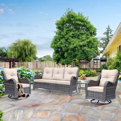 4pcs outdoor patio furniture swivel chair sofa conversation set with side table all weather material rocking chair gray rattan with denim blue beige cushions easy to assemble for patio garden poolside or backyard
