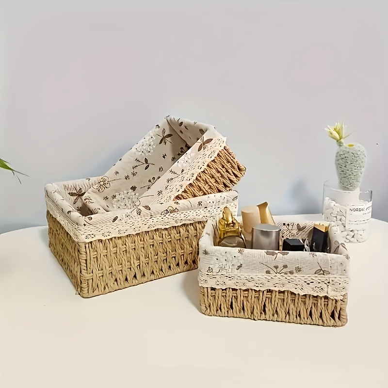 3pcs   woven storage basket with lace accents desktop fabric storage living room rattan storage basket Product details 4