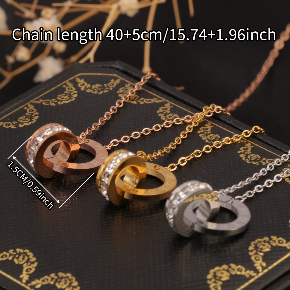 a stainless steel 18k golden plated roman     pendant with rhinestones and artificial crystals featuring a simple and     elegant and suitable for womens daily wear or parties perfect as a birthday gift or for Product details 3