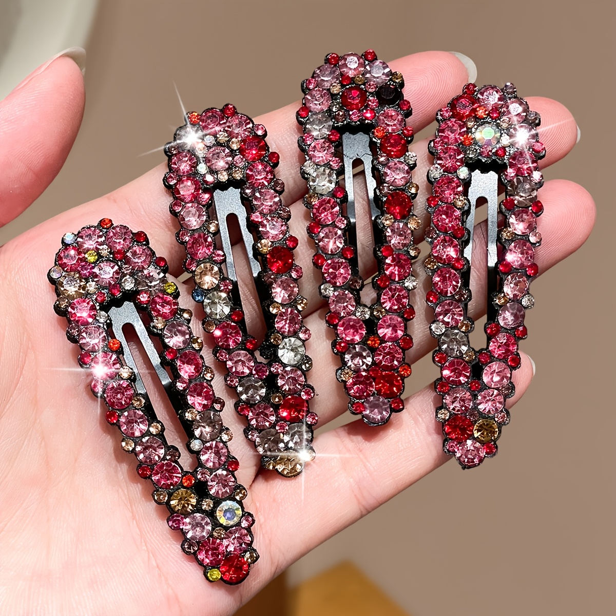 TEMU 4/8pcs Set Of Wine Red Gradient Rhinestone Hair Clips, Flower-shaped Duckbill Clips, Elegant Hair Accessories For Women, Hair Ornaments,