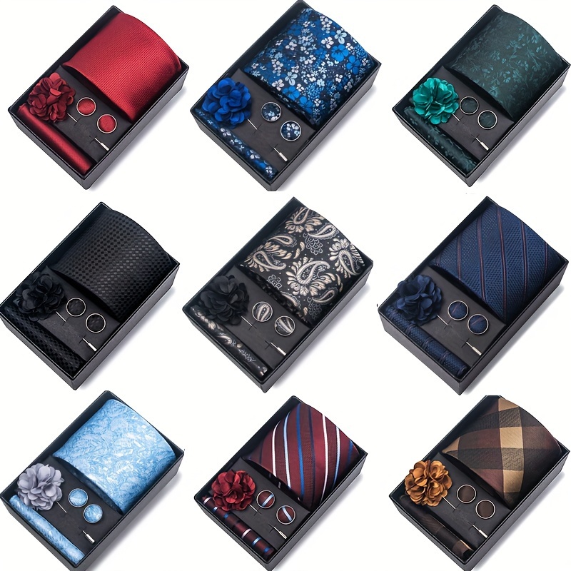 

4pcs/set Business Wedding Party Men's Tie Set Solid Striped Paisley Necktie&pocket Square Cufflink Lape Pin In Gift Box Ideal Choice For Gift