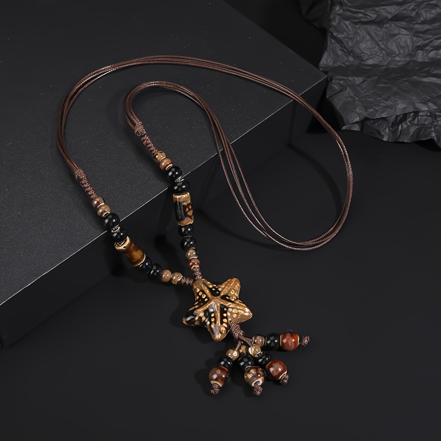 Boho Starfish Necklace with Brown Cord & Tassel Charms