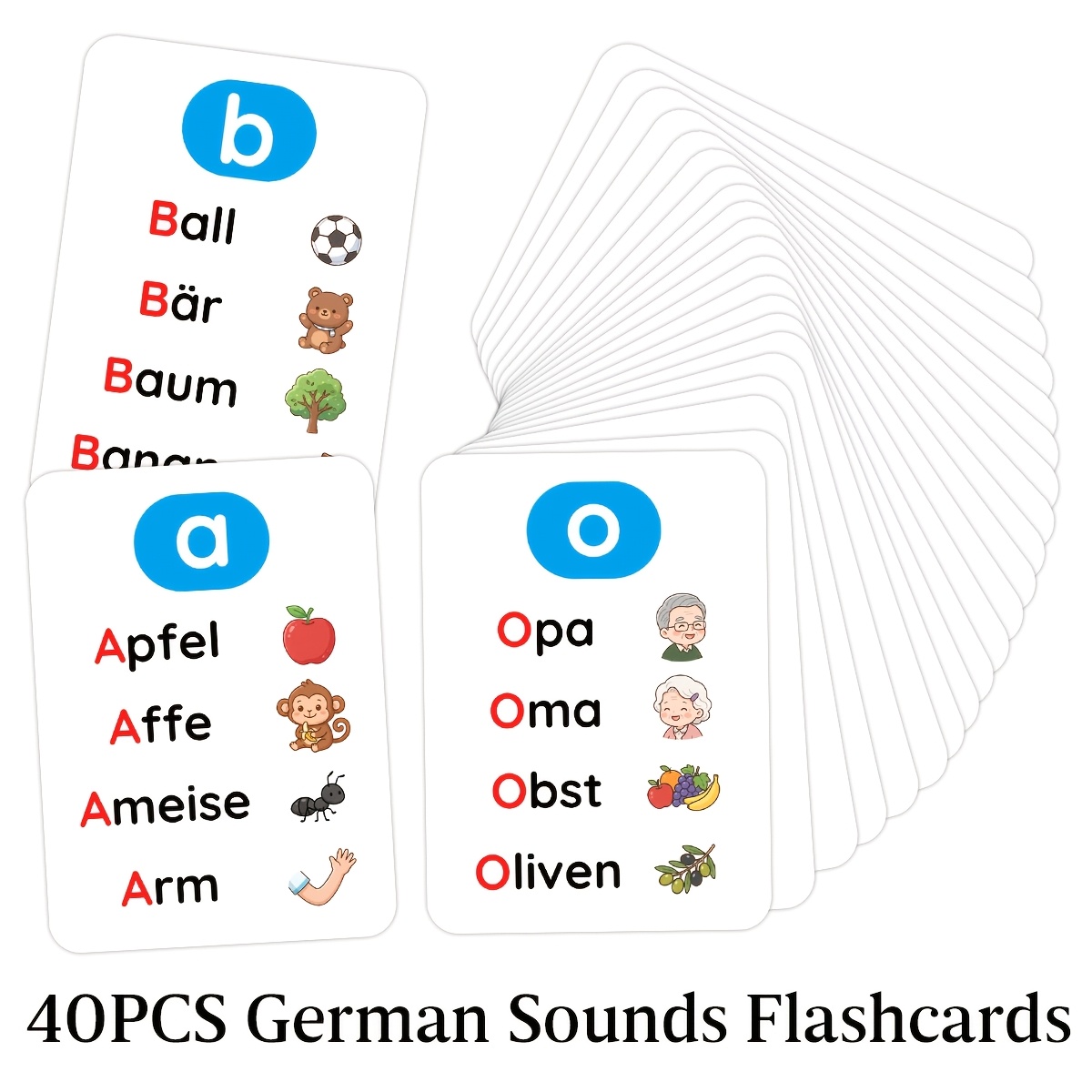 TEMU 40pcs German Alphabet Pronunciation Flashcards Set, For Beginners - Educational German Sounds Learning Cards, Includes Everyday Vocabulary And