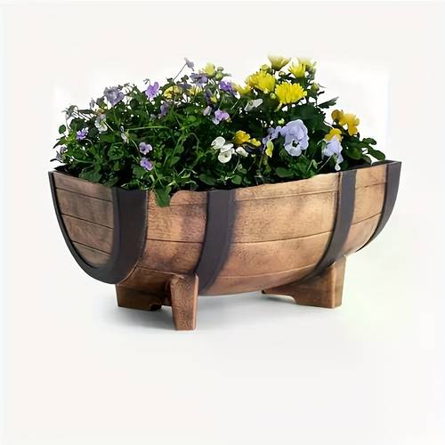 großer 42 cm durchmesser, kreativer garten retro holz eimer stil kunststoff blumentopf, verdickter großer kunststoff pflanzbehälter, künstliche verwitterte balkon topfpflanzen mit drainageliste