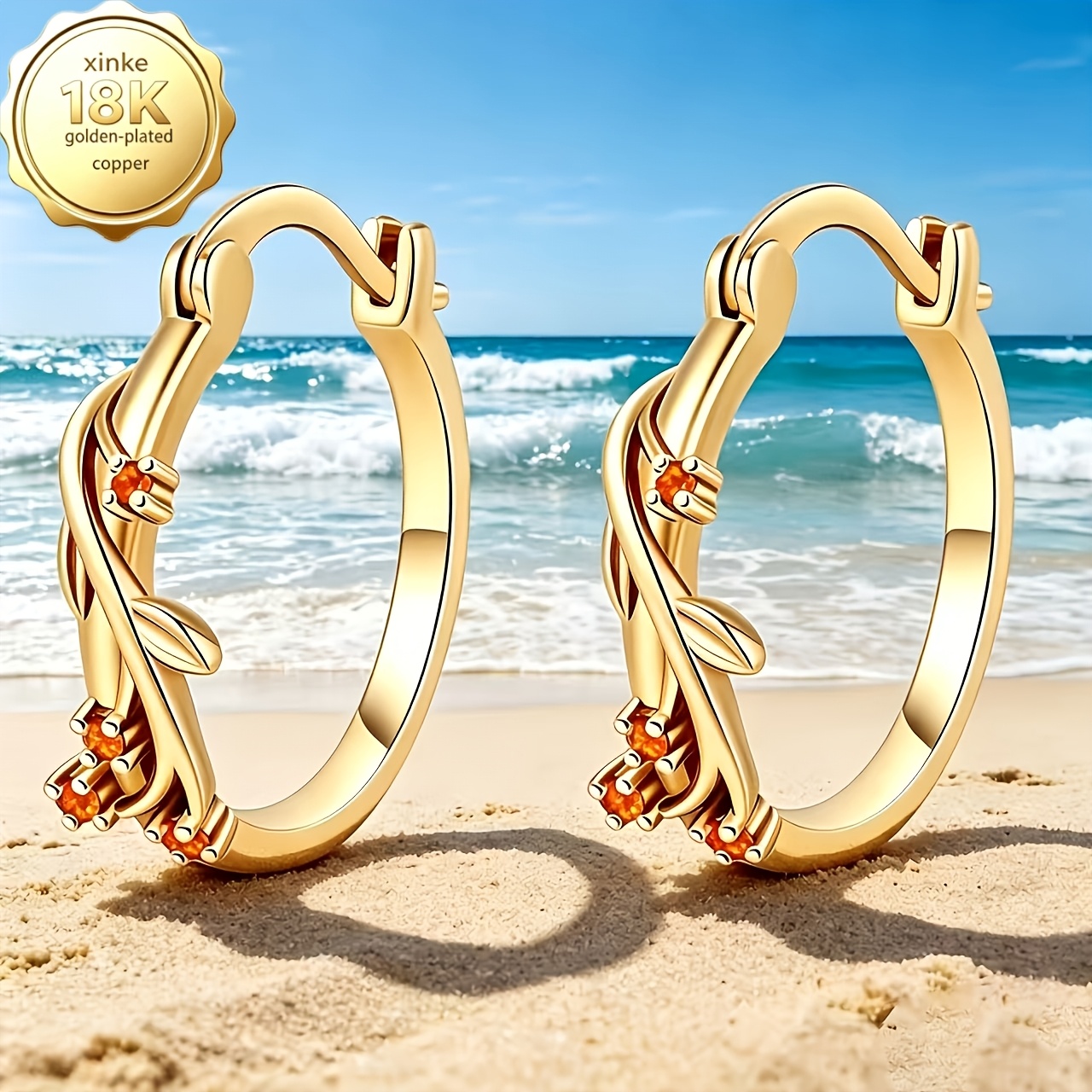 TEMU 1 Pair 18k Golden Plated - Valentine's Day Red Holly Vine Design Hoop Earrings For Women, Inlaid With Synthetic Zirconia, Round Design, Suitable
