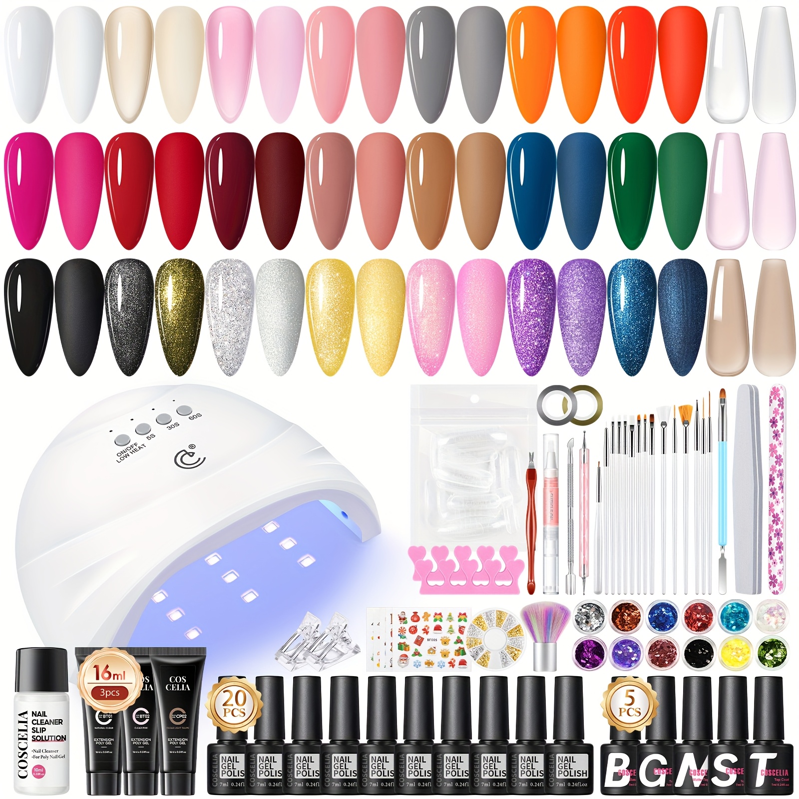 TEMU Coscelia Gel Nail Polish Kit With U V Light 20 Colors Gel Nail With 3pcs Poly Nail Gel Glitter Clear Red Art Stickers Manicure Tools For Women Salon Day Gift