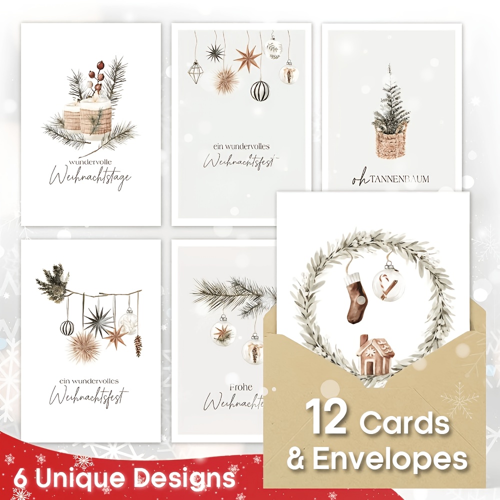 TEMU (12 Greeting Cards + 12 Envelopes) Watercolor Neutral Boho Christmas Cards With Envelopes, Funny German Edition Christmas Card Pack, Perfect For