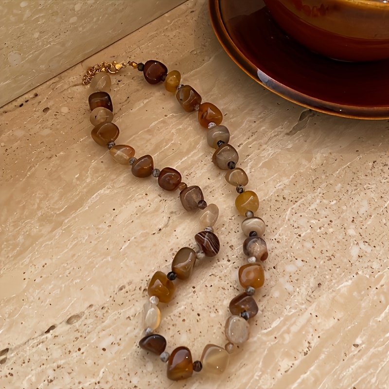 1pc Retro Special Stone Beaded Agate Necklace, Stackable And Niche Design For Women's Collarbone Chain