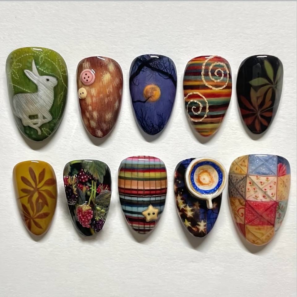 TEMU Bohemian Style 24pcs Moon Shadow Berry Rabbit Wear Nails Fantasy Natural And Design Music Festival Style Daily Commuting Date Essential Manicure