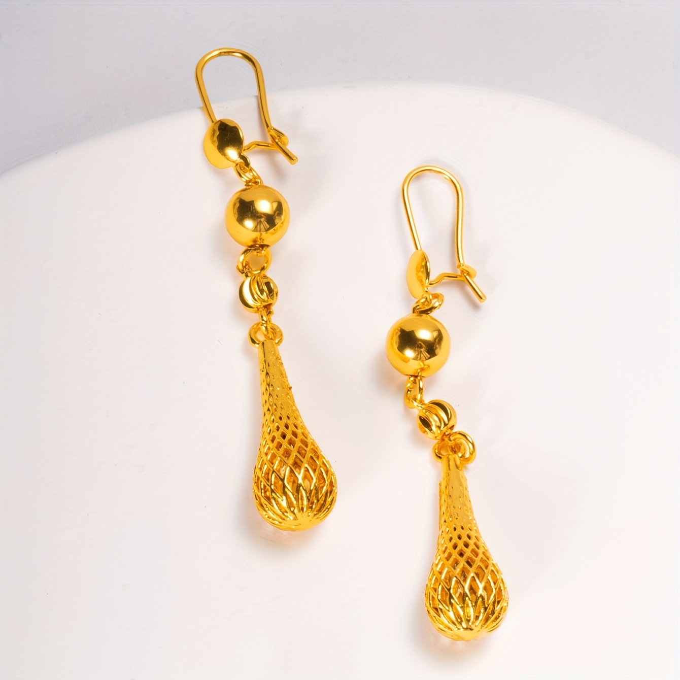 TEMU Elegant French-inspired Teardrop Hollow Dangle Earrings - 24k Gold Plated Copper, For & Vacation Wear