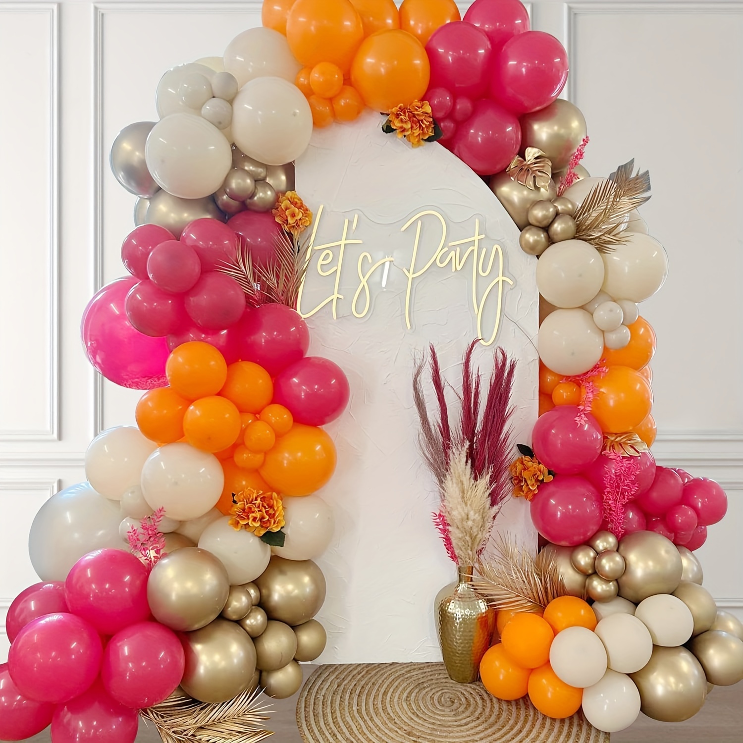 

129pcs, Hot Balloon Arch Garland Kit, Bright Pastel Pink Orange White Sand Metallic Golden Balloons For Boho Birthday Hawaii Bridal Shower Wedding Party Decorations