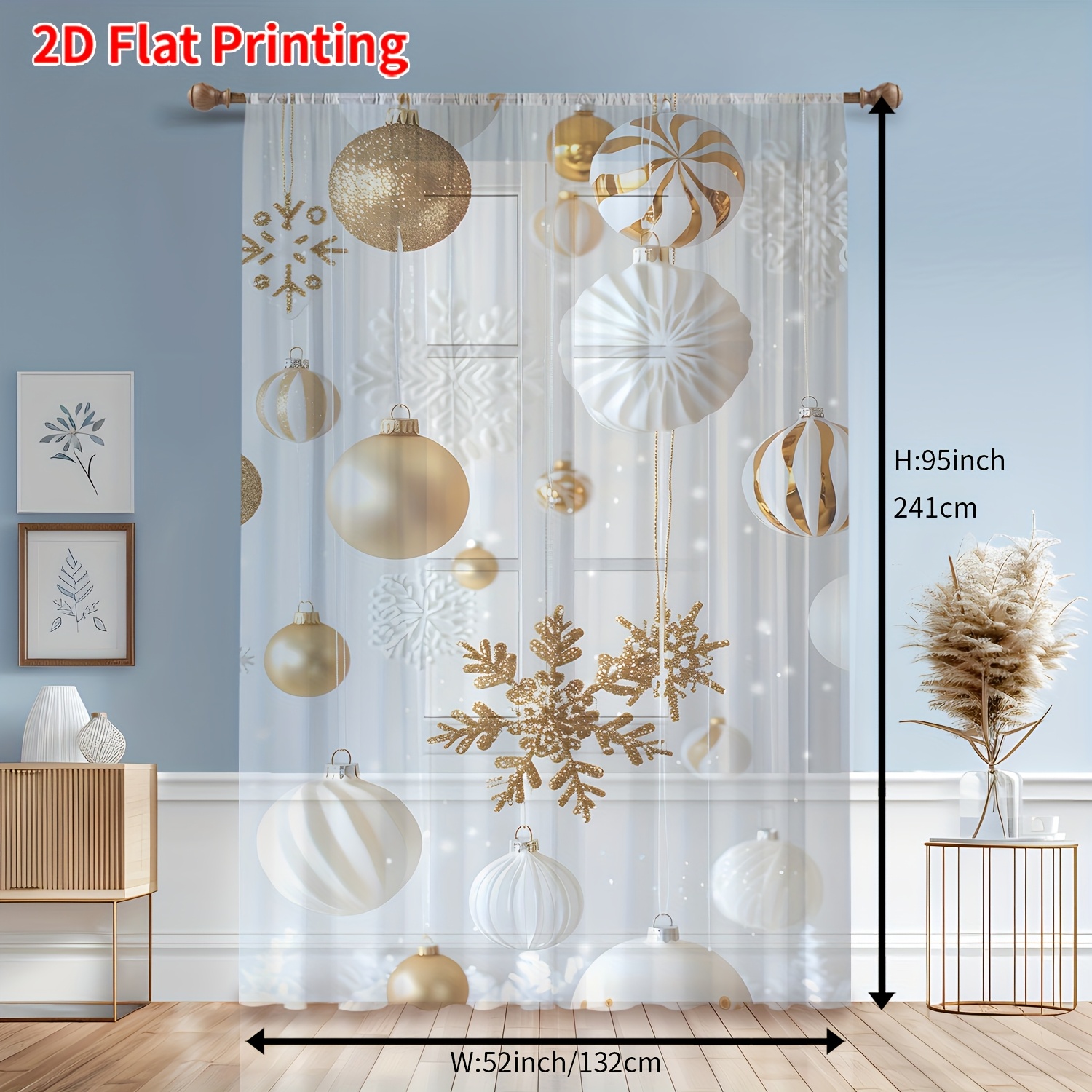 TEMU 1pc Christmas Window Curtain - Semi-sheer Window Drapes With Golden Snowflakes, Semi-transparent Holiday Window Treatments For Living Room,