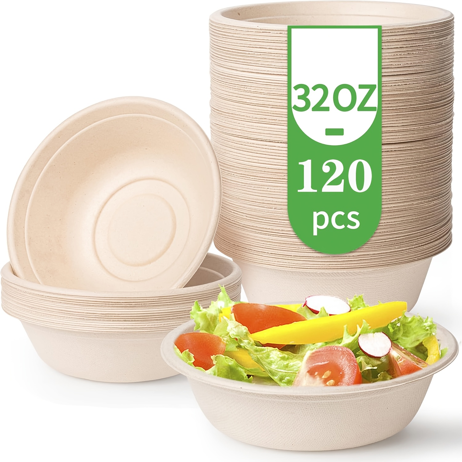 TEMU 32oz Disposable Salad Bowls 120pack, Big Paper Bowls, Large, Heavy-duty, Bulk Pack, Made Of Fibers, Perfect For Salad