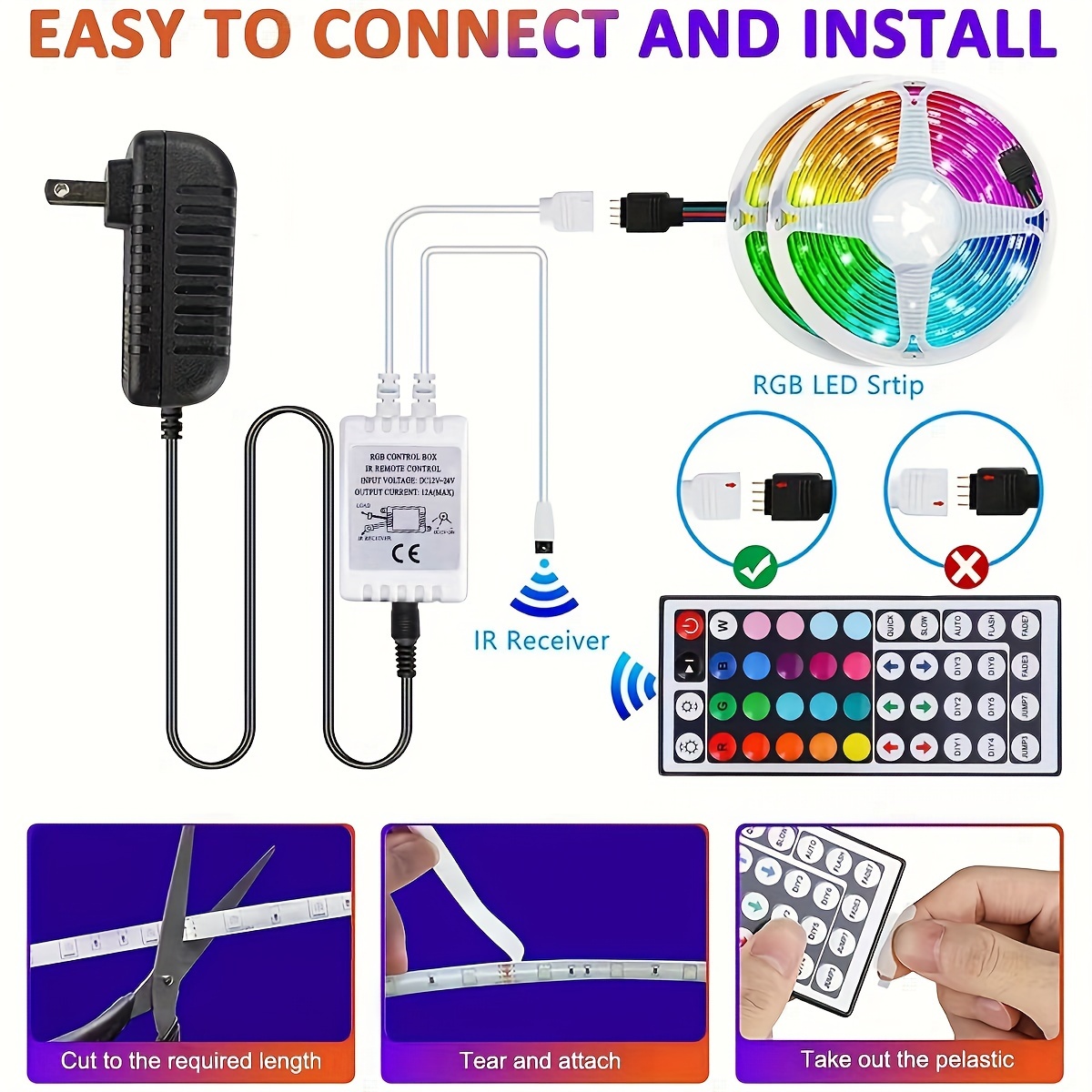 130 英尺（20 米×2）led 灯条，带 44 键遥控器、多色 rgb led 灯、卧室、房间、电视、diy 装饰的变色 led 灯条（44 键遥控器 +65ft x2） 详情 10