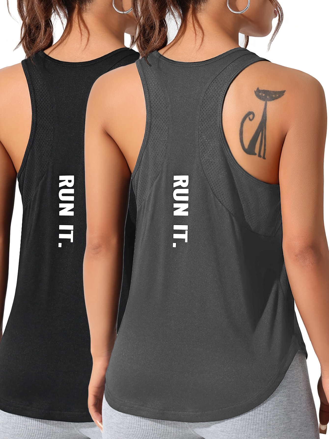 2pcs Solid Color Casual Back Letter Print Women'S Sports T-Shirt And Vest Set, Mesh Panel Comfortable Breathable Lightwe