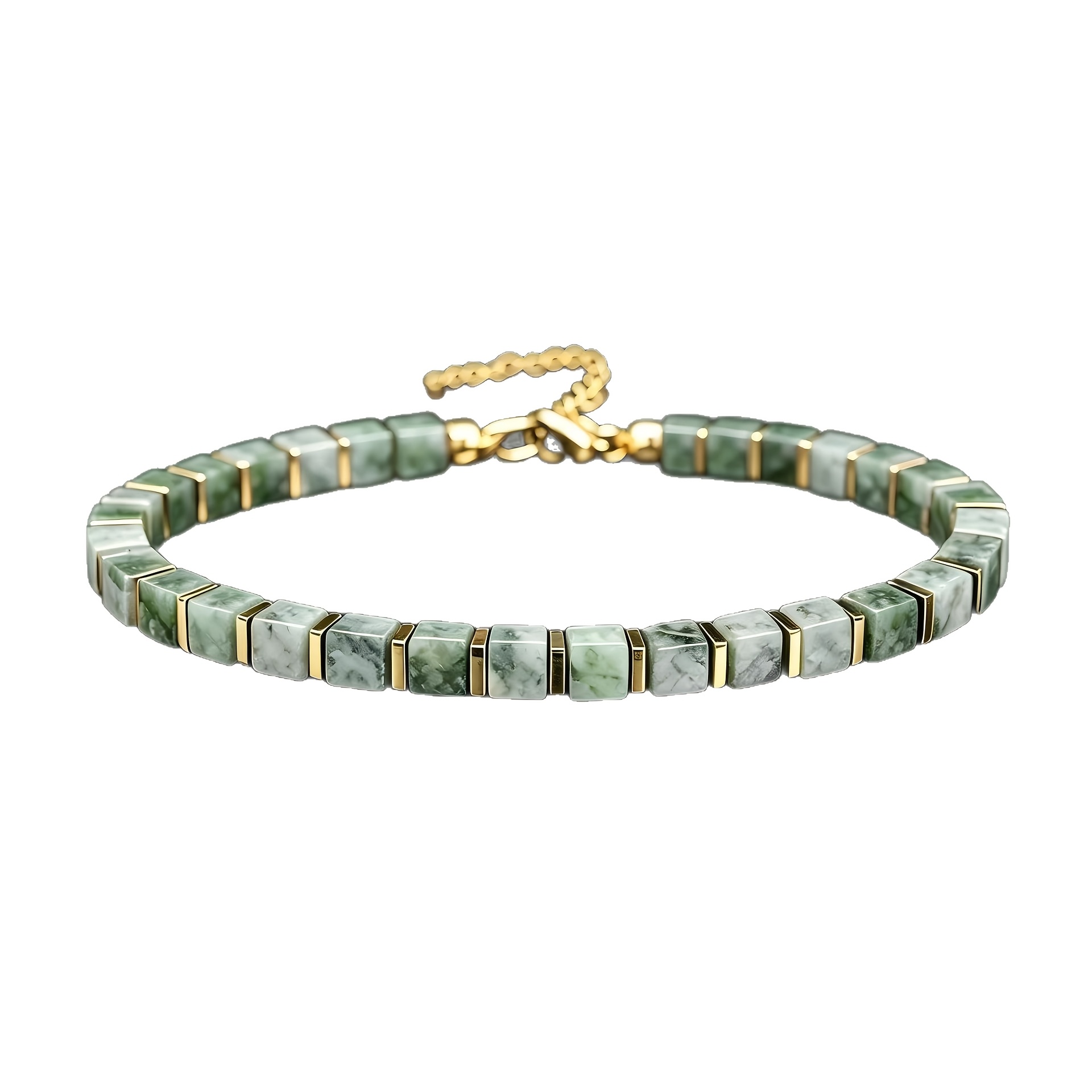 TEMU Men's Aventurine Square Bead Bracelet, -plated Spacer Beads With Extender Chain And Adjustable Lobster Clasp, Wealth-attracting Stackable