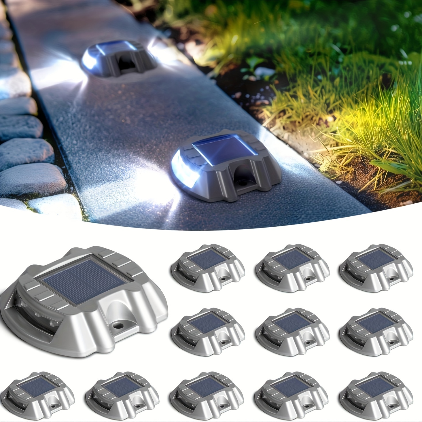 

Solar Deck Lighting Outdoor Light 12 Pack Aluminum Dock Solar Powered Lights Outdoor Led Pathway Road Marker For Garden Path Stair Fence Road Dock Lighting White