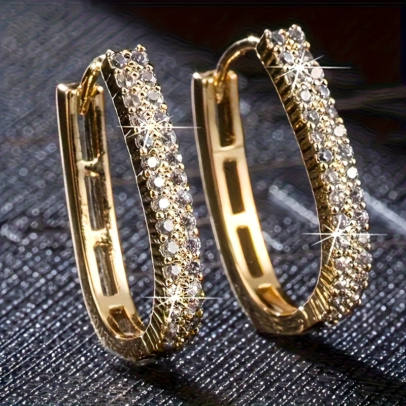 Image of 1 Pair Of Elegant Oval Copper Hoop Earrings With Sparkling Synthetic Synthetic Zirconia, Suitable For Women' Gifting And Banquet Wear
