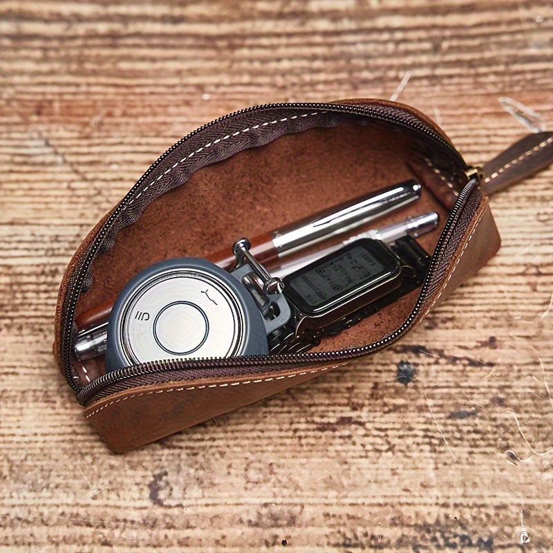 

Vintage-style Genuine Faux Leather Pencil Case - Premium Crazy Horse Cowhide, Multi-use Storage For Stationery & Glasses