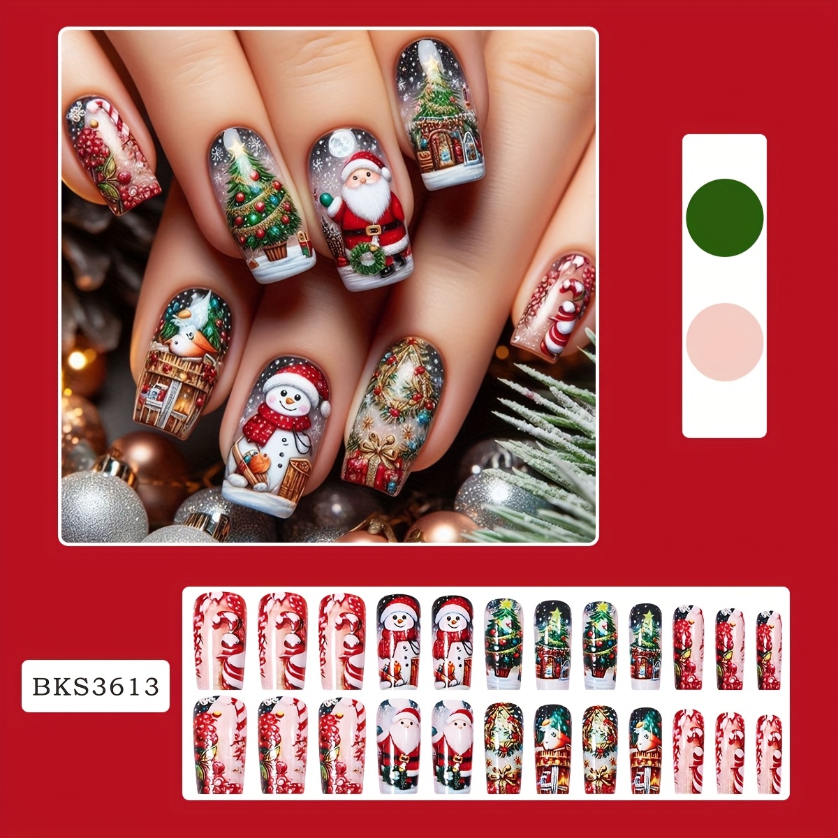 TEMU 24pcs Christmas Snowflake Floating Santa Claus Christmas Fake Nails With Press-on Nail Tips + Jelly Glue And File