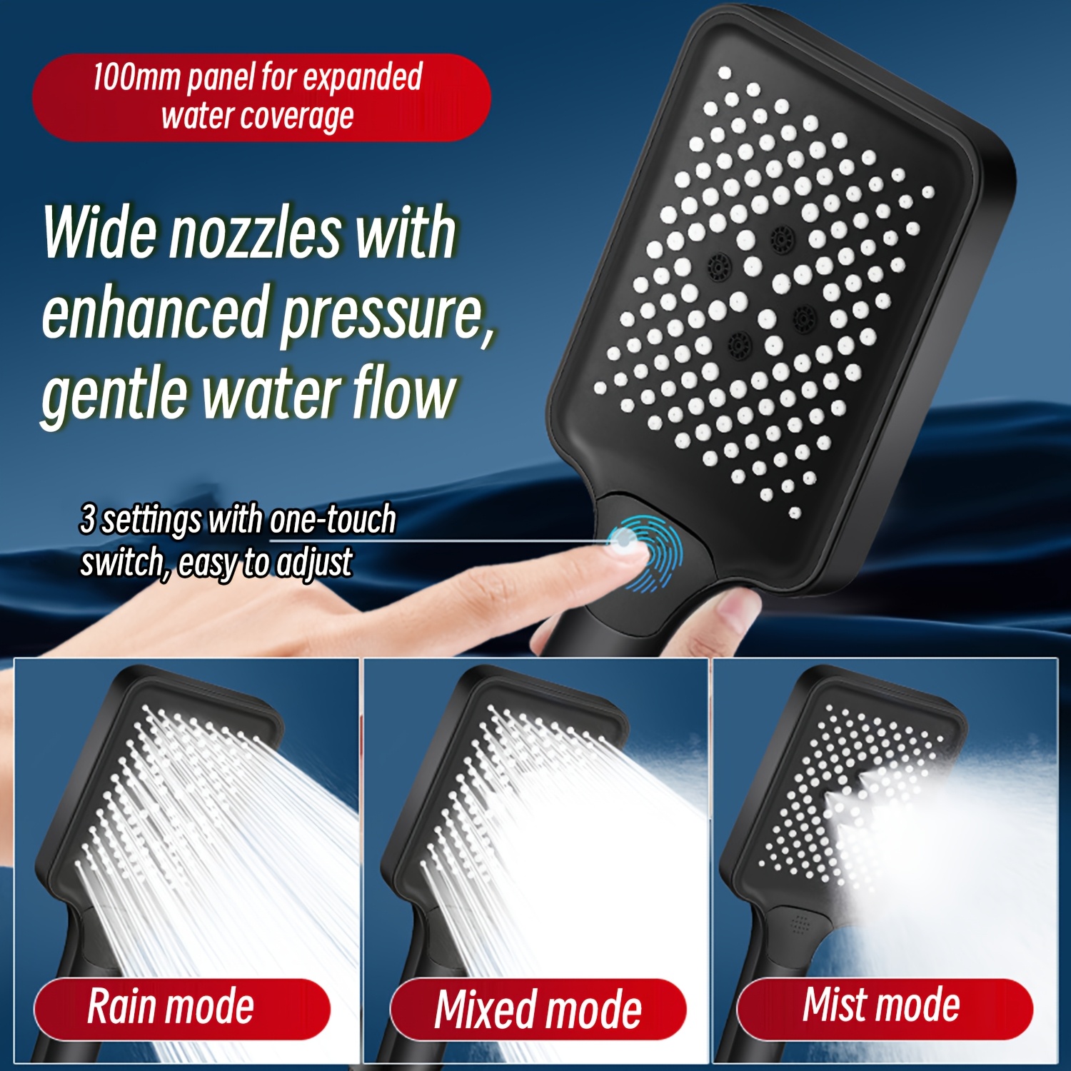 3pcs Square Three-Setting Rain Shower Head Set with Hose Holder