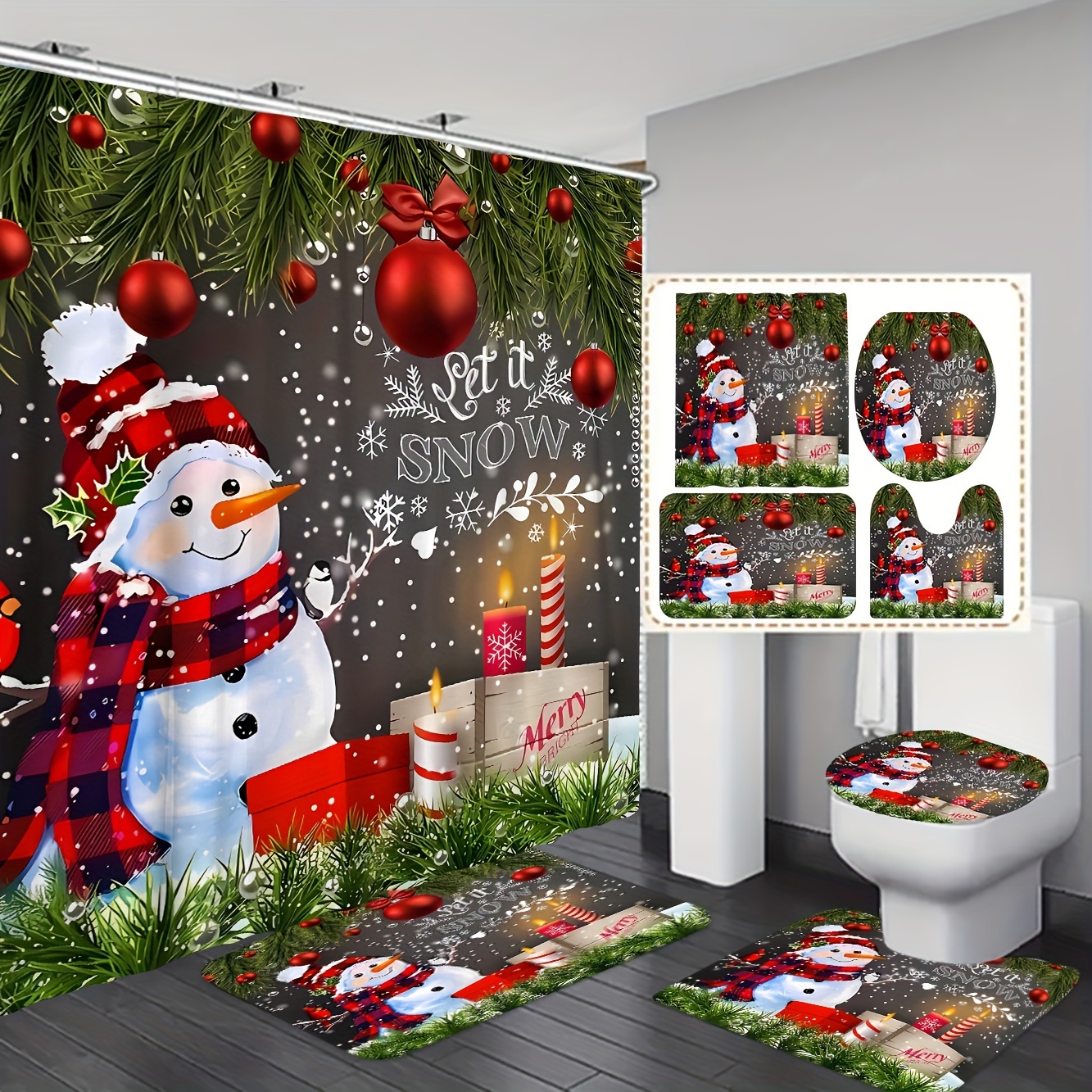 

2021 Christmas-themed Bathroom Set: Cozy Plaid & Snowman Design - Includes Shower Curtain, Non-slip Rug, U-shaped Mat, And Toilet Lid Cover (available In 1pc, 3pcs, Or 4pcs Sets)