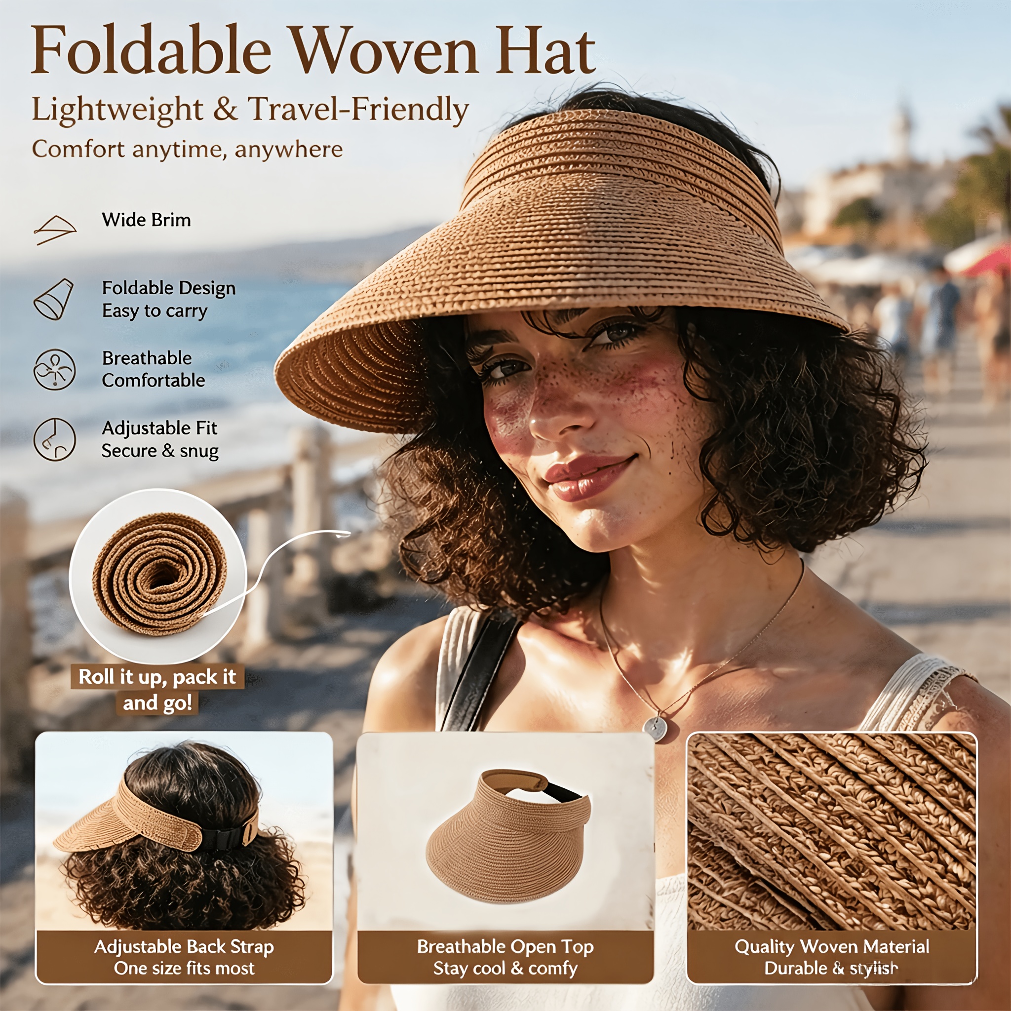 TEMU Foldable Raffia Straw Sun Hat For Women, Summer Hand- Wide Brim Sun Hat, Collapsible And Portable Beach Vacation Hat, Outdoor Outing Golf Straw