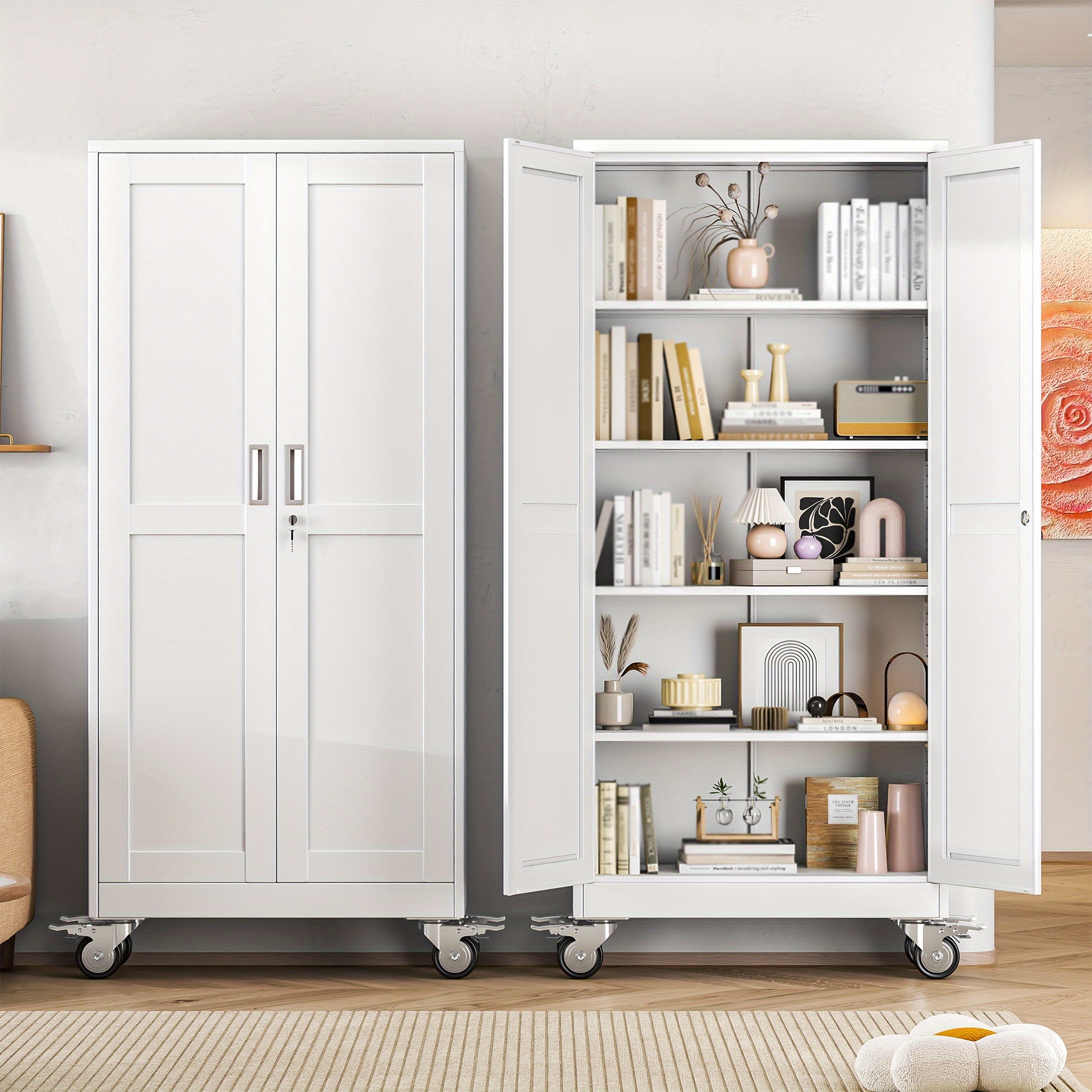 TEMU 61/71/75 Inch High Wheeled Metal Storage Cabinet With 2 Doors And Adjustable Partitions, Metal Filing Cabinet, Suitable For Home Offices,