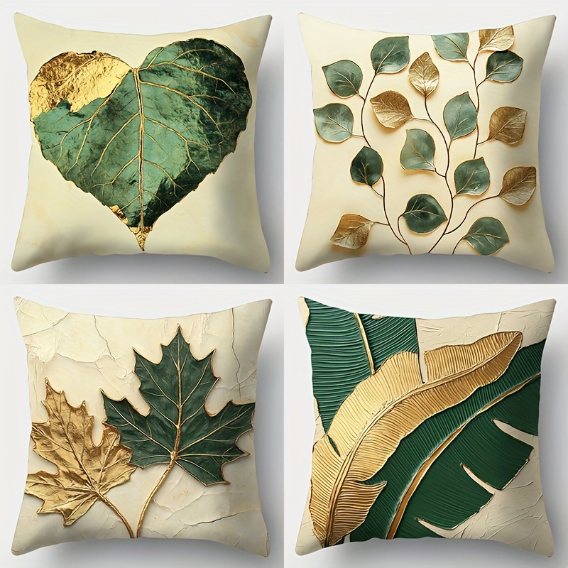 

Contemporary Leaf Print Throw Pillow Covers 4-pack, Embellished, 18x18 Inch, Polyester Zippered Cushion Cases For Home Decor - Sofa, Bedroom, Living Room - Hand Wash, Woven, No Insert