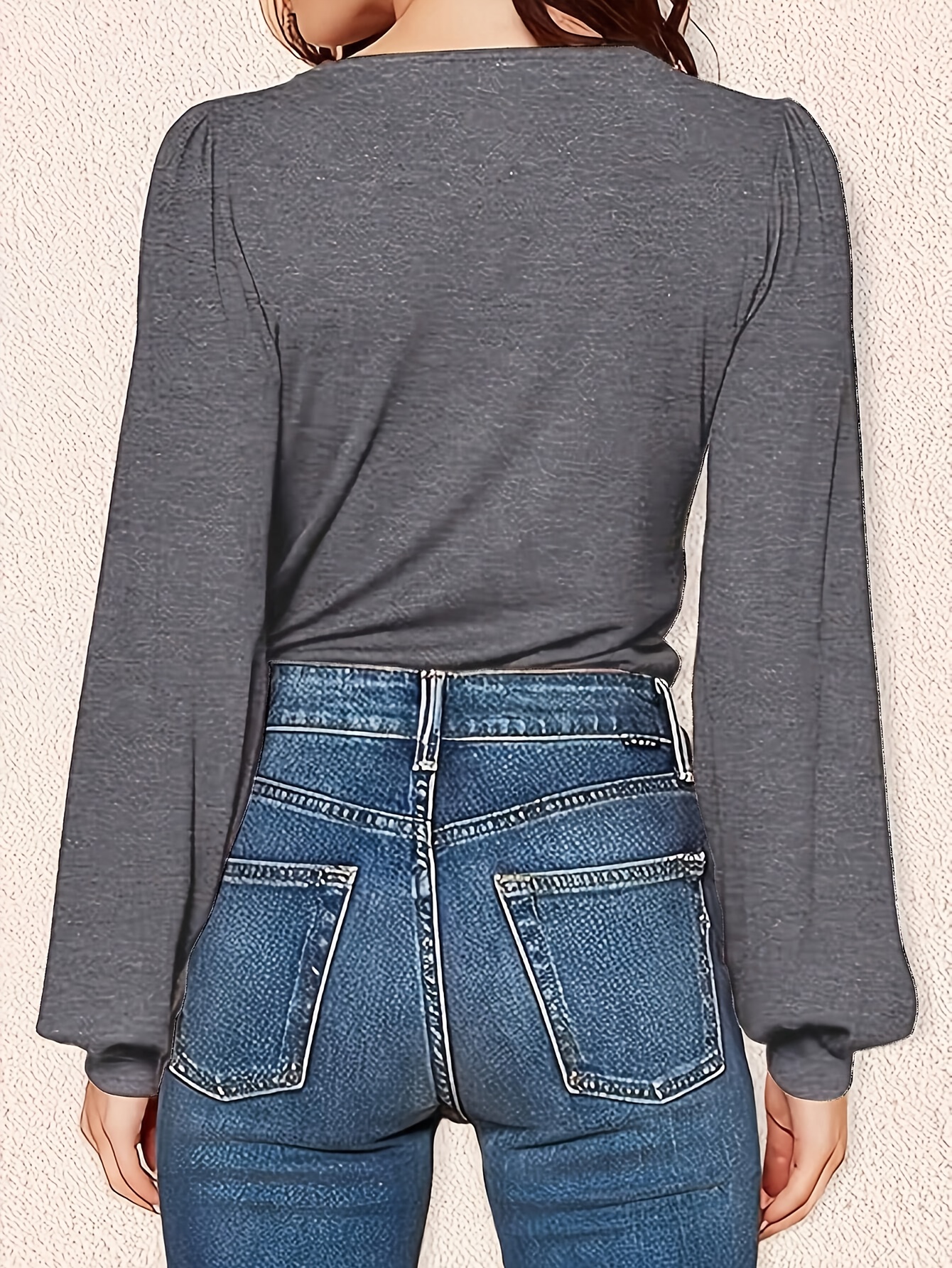 Solid Color V Neck T-shirt, Elegant Long Sleeve T-shirt For Spring ...
