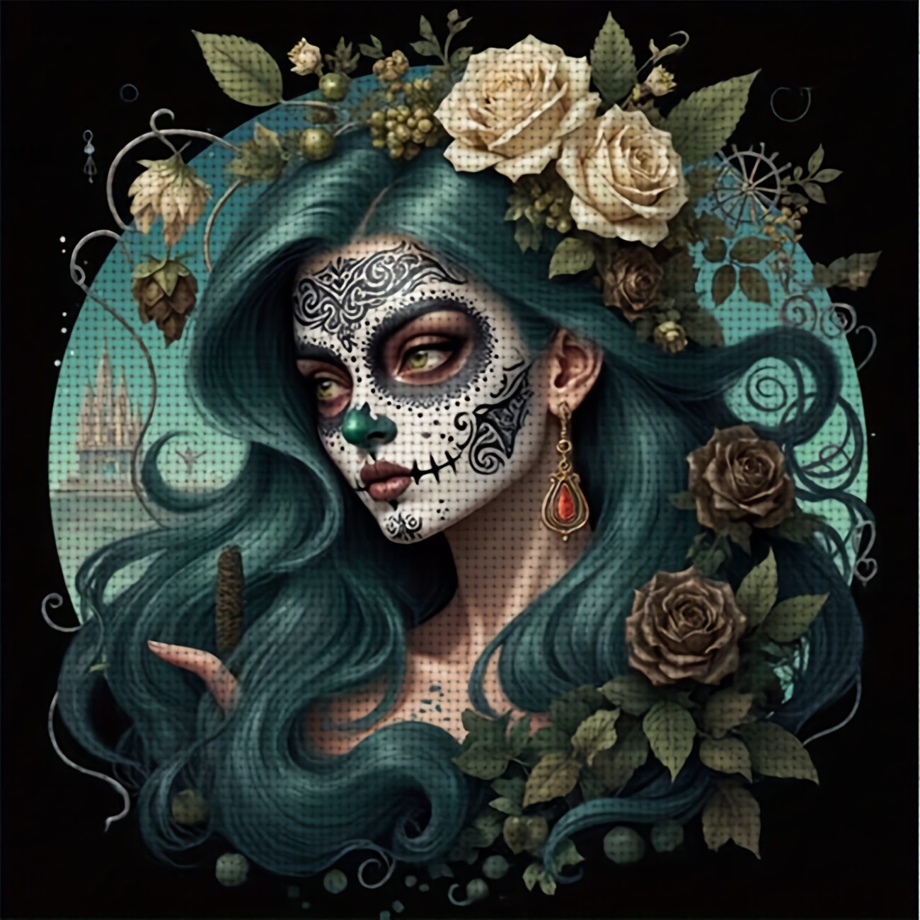 TEMU 1pc Printed Diy Stitch Kit, Frameless, "blue-haired Sugar Girl With Flowers" Pattern, Beginners' Relaxing Craft Time, Allows You To Experience