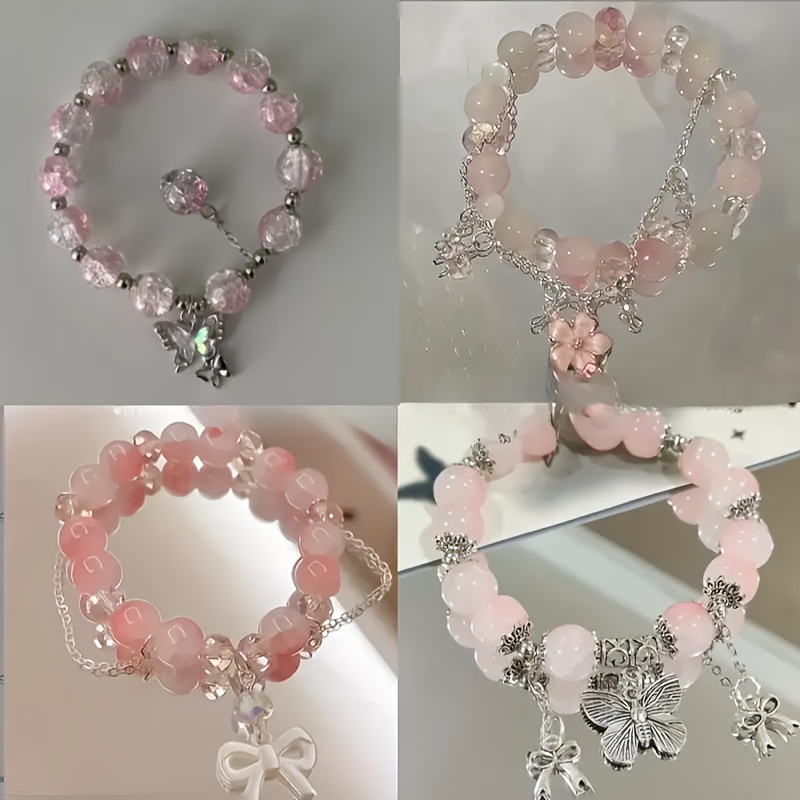 4pcs Pink Glass Bead Bracelets with White Bowknots - Bohemian Style, Fresh & Sweet, Perfect for Daily Wear or Gifting, All-Season Accessory, Daily Wear Bracelets|Bohemian Style Bracelets|Glass Bead Bracelets, Cute Bracelets