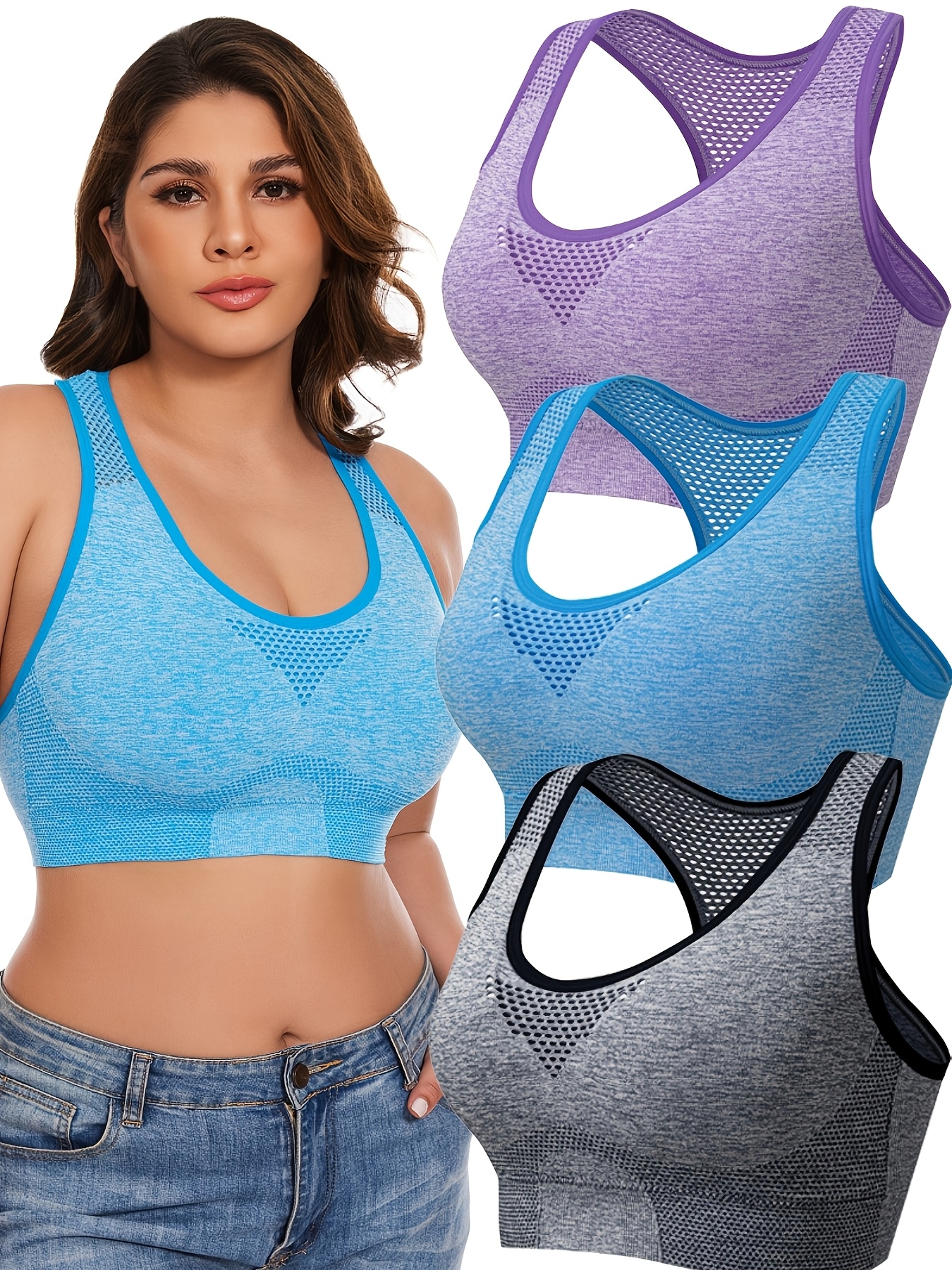seamless   and breathable sports bras for cross border use designed for larger sizes   yoga and running   in a set of three purple   blue 0