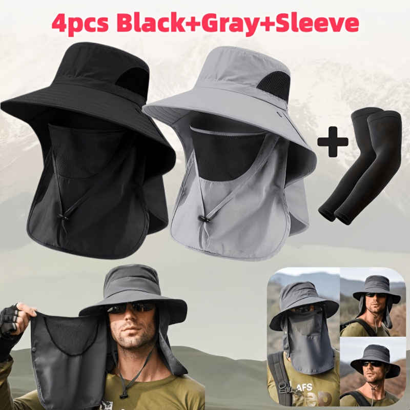 TEMU 4pcs Unisex Outdoor Sun Hat Set, Bucket Hat, Fisherman Hat, Adjustable, Breathable Mesh, With Detachable Mask, Suitable For Fishing, Hiking,