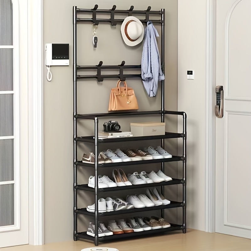 1pc Five-Layer Coat Rack And Shoe Rack Combination, Household Floor-Standing Coat Rack + Shoe Rack Two-In-One, Top Hook for Hanging Hats And Bags + Five-Layer Shoe Rack, Thickened Steel Pipe for Stable Load-Bearing, Entrance Door Storage Rack