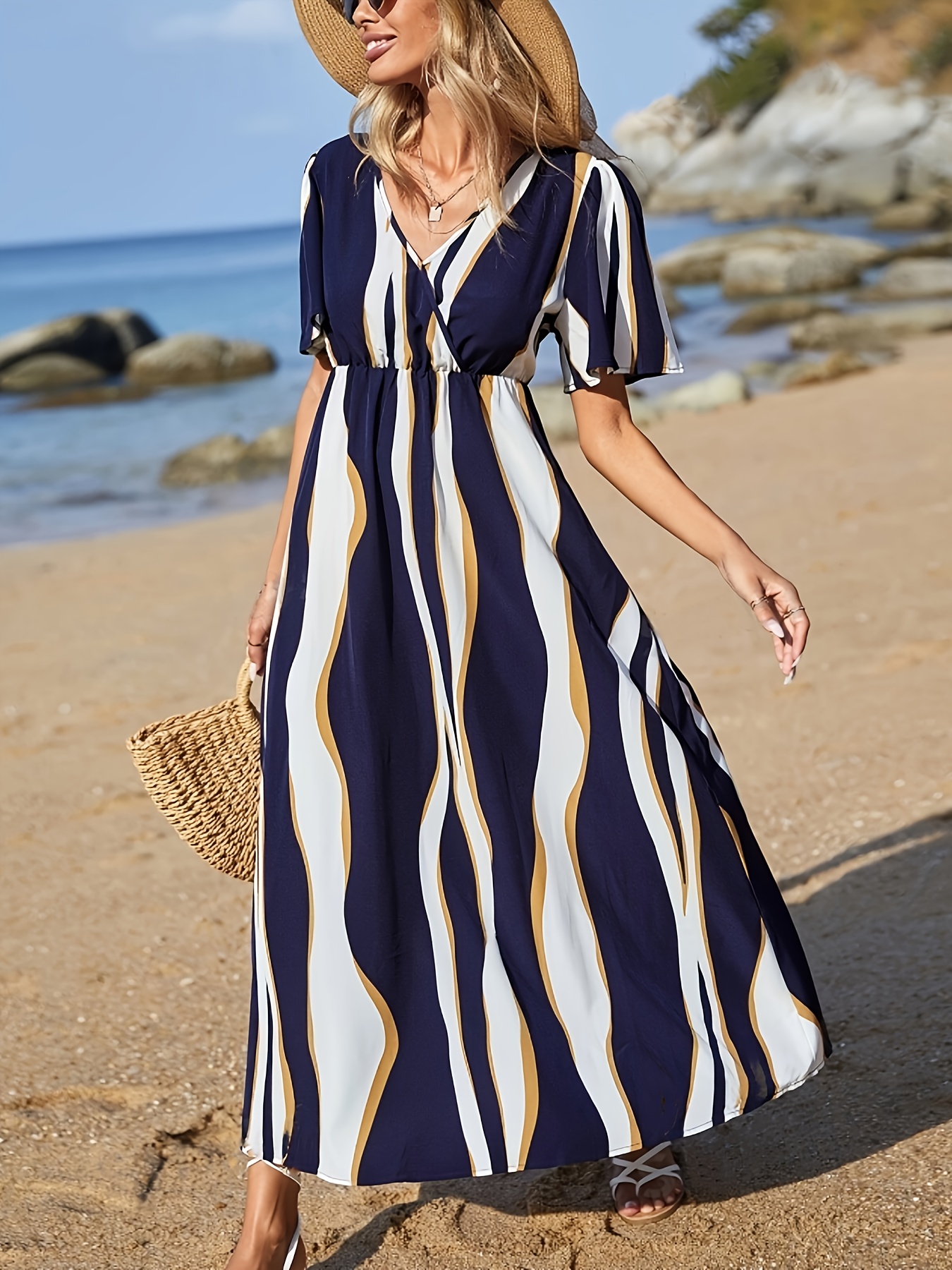 Vestido Largo Elegante con Cuello Cruzado para Mujer Rayas y  Vestido de Playa Ajustado la Lavable a Máqu