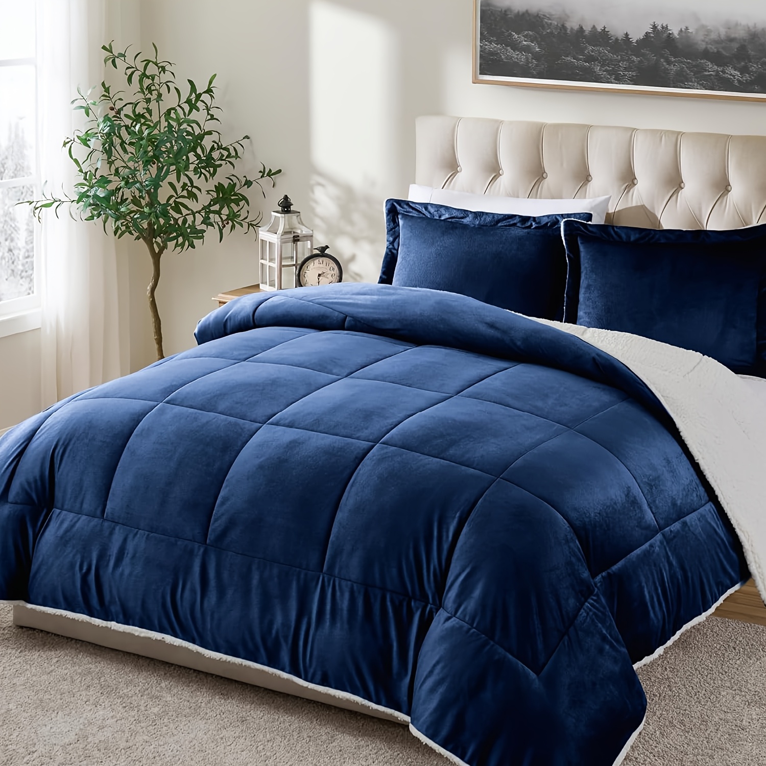 TEMU 3pcs Thick Lambswool Duvet Cover Set - All Season Quilted Super Soft And Breathable, Square Stitched Solid Color Duvet Cover, Machine Washable