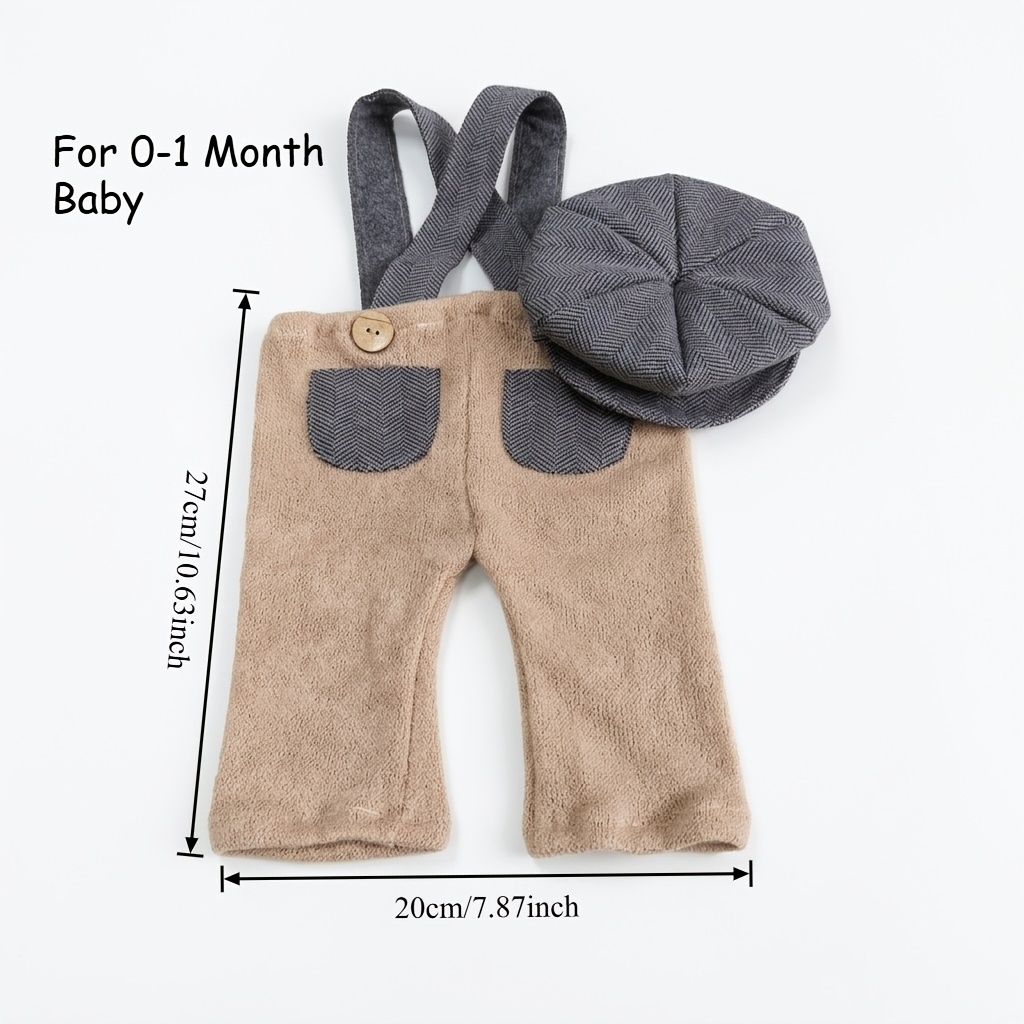 Image of Newborn Photography Props Vintage Baby Boy Photo Outfits Khaki Knit Overalls & Flat Cap 2pcs Set -knit Gentleman Infant Studio Clothing