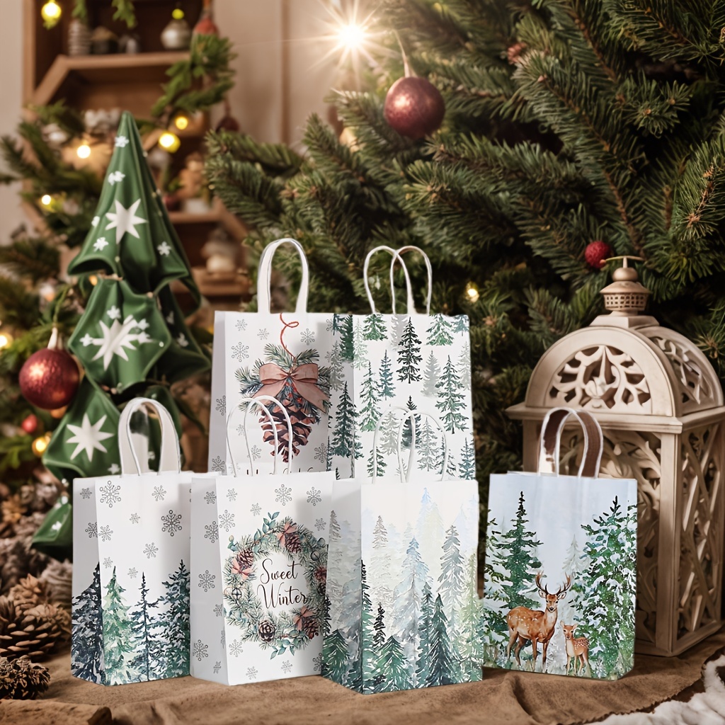 

6pcs Christmas Gift Bags With Handles, And Reindeer Themed Paper Party Favor Bags, Assorted Patterns, For Holiday Presents, Birthday Decorations, And Craft Tote Bags