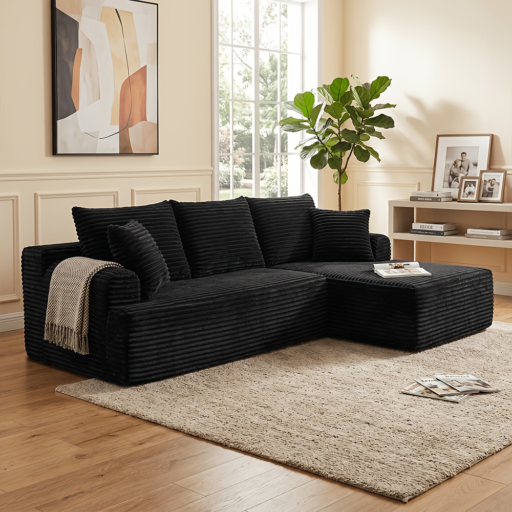 TEMU Modular L-shaped Sofa Bed With Foam Frame & Corduroy Chenille Upholstery - No-installation Deep-seated Recliner, Boneless Sectional Bed Suitable