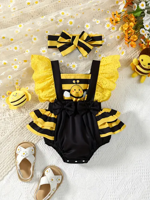 baby girl summer new newborn jumpsuit striped cartoon lace lace suspender backless jumpsuit headscarf clothing