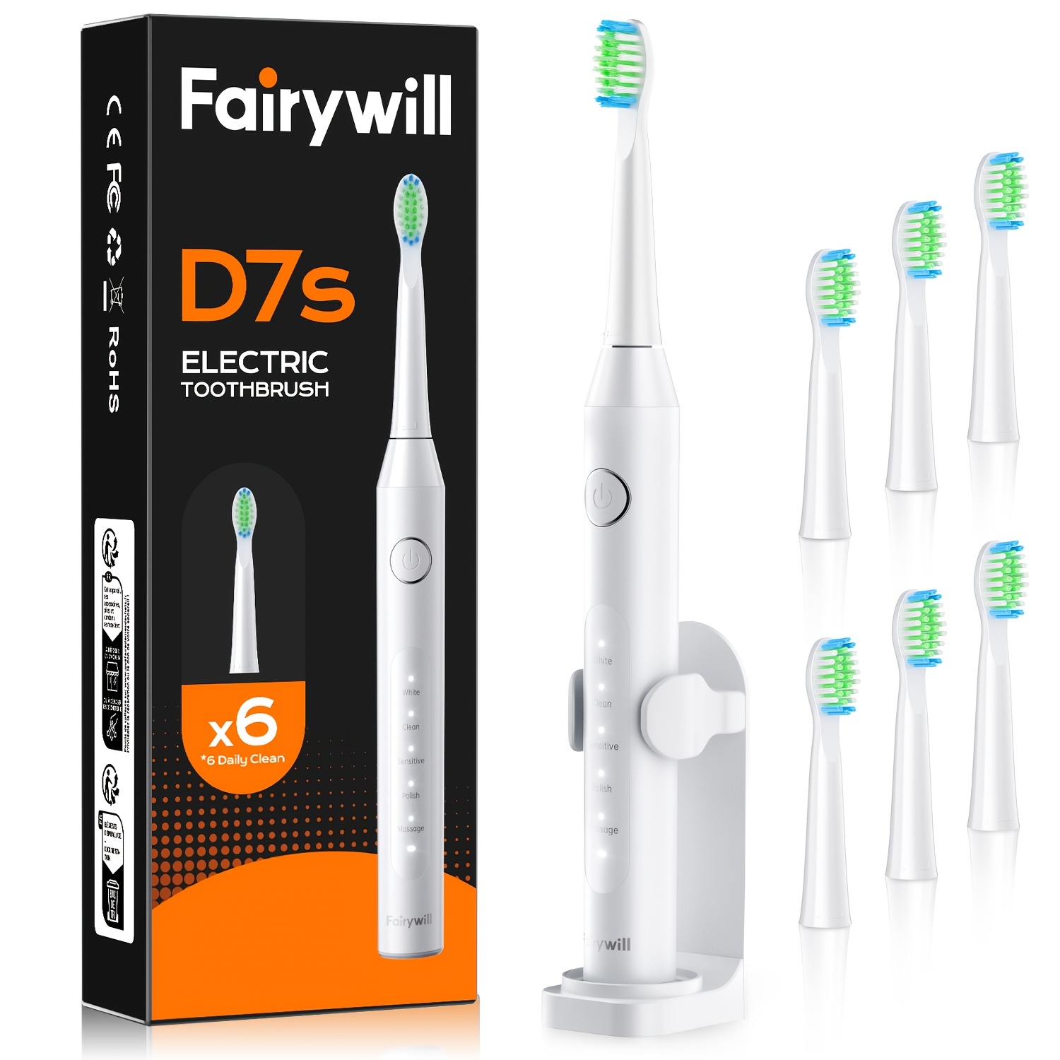 Fairywill Electric Toothbrush For Adults, Rechargeable With 6 Replacement Brush Heads, 47000 Vpm For Sensitive Teeth, 5 , 60-day Battery