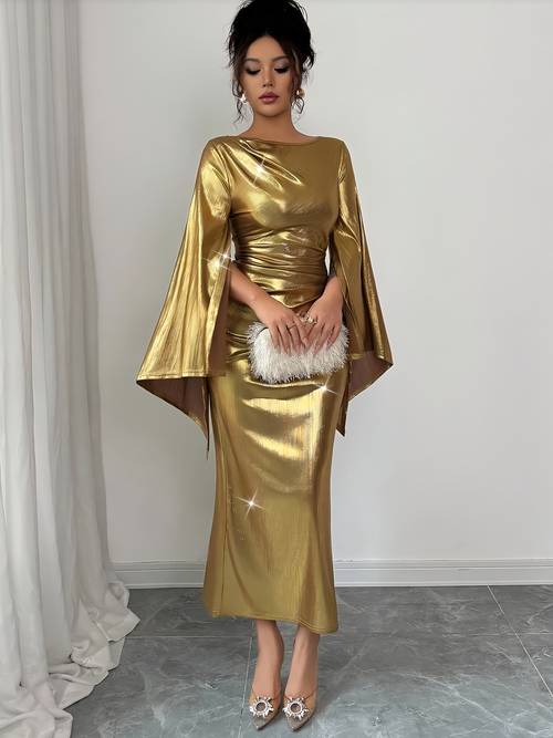 yy0819032 europe and the united states cross border womens hot american golden round neck long dress