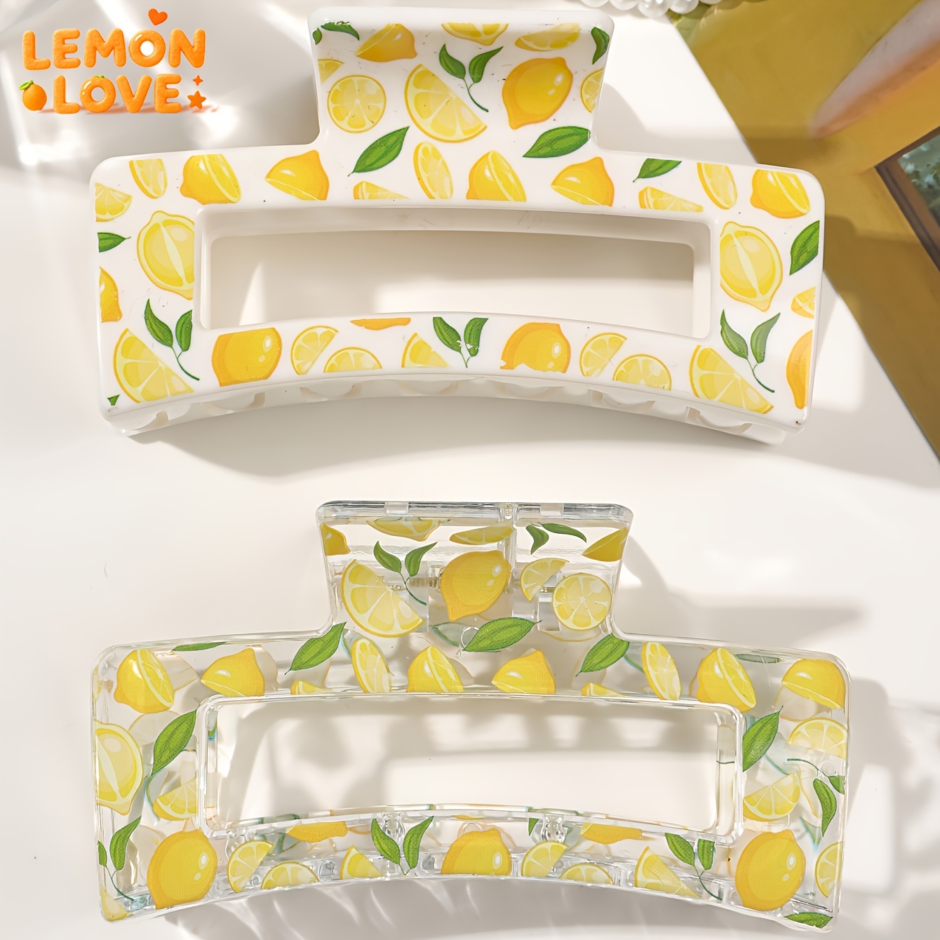TEMU 2pcs Women's Elegant Transparent Printed Hair Clips, Fashion Versatile Hair Additions With Fruit Floral Prints, Large Square Shark Clips,