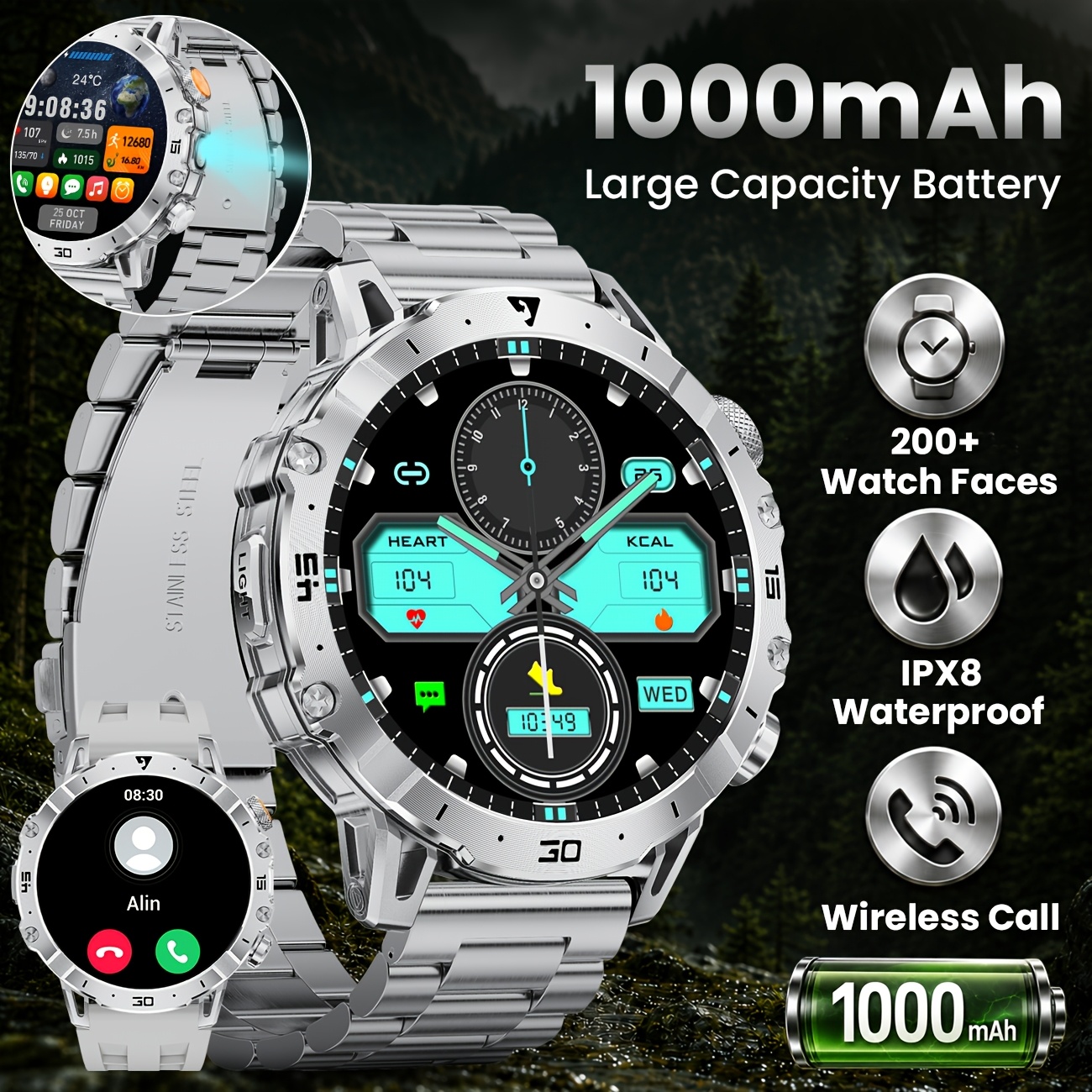 Image of Siemorl Watch, 1.7-inch Smartwatch With 1000 Mah, Wireless Calling, Led Lamp, 120 /ipx8 Waterproof Sleep Monitoring Men's Watch For Iphone
