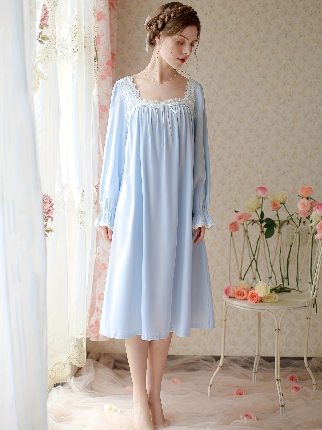 french inspired long sleeve fairy sweet lace pajama loose - Temu Bahrain