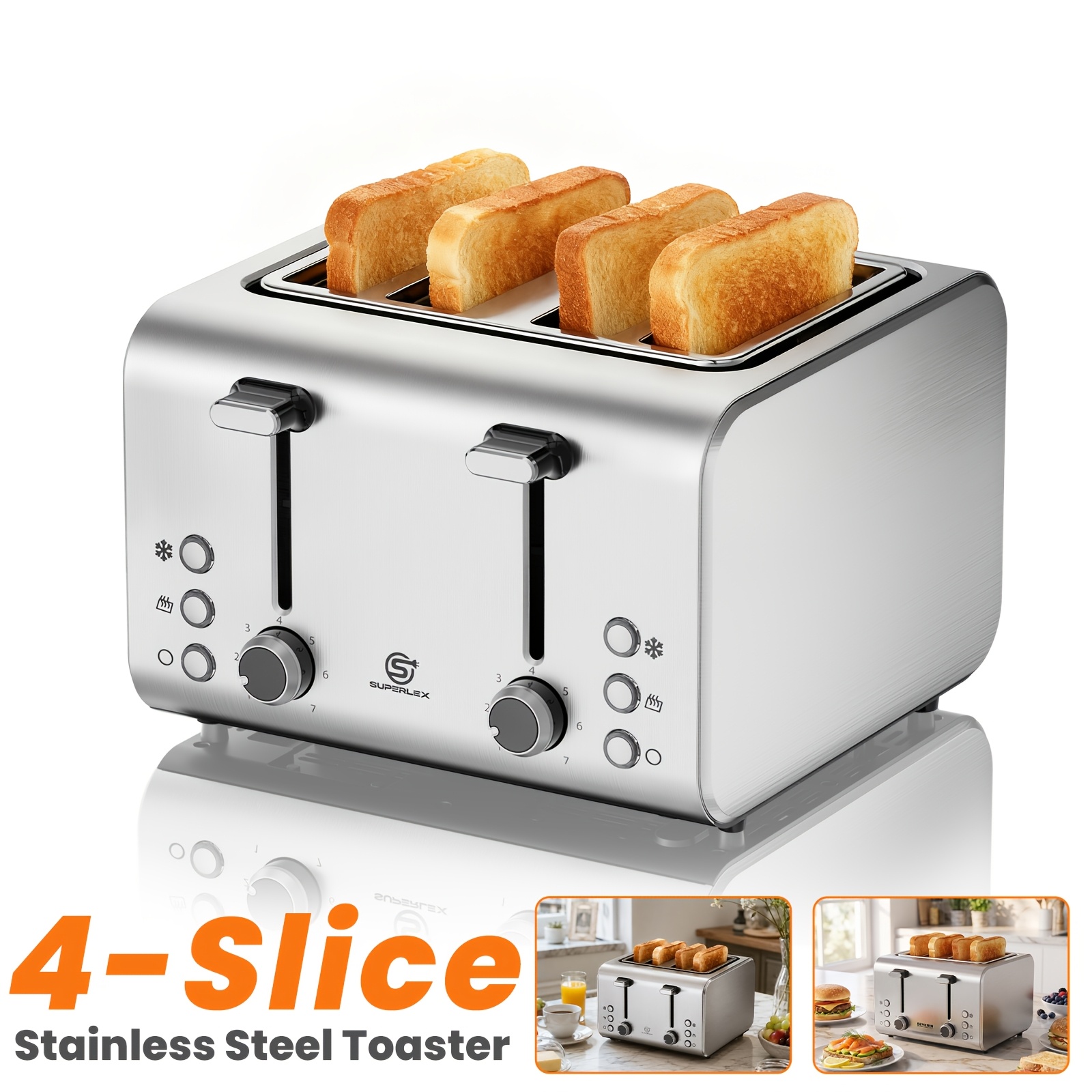 TEMU SUPERLEX 4-Scheiben Toaster mit Doppelsteuerung, 1600W Edelstahl, 7 Bräunungsstufen mit Abbruch-, Auftau- Aufwärmfunktion. Kabelaufbewahrung