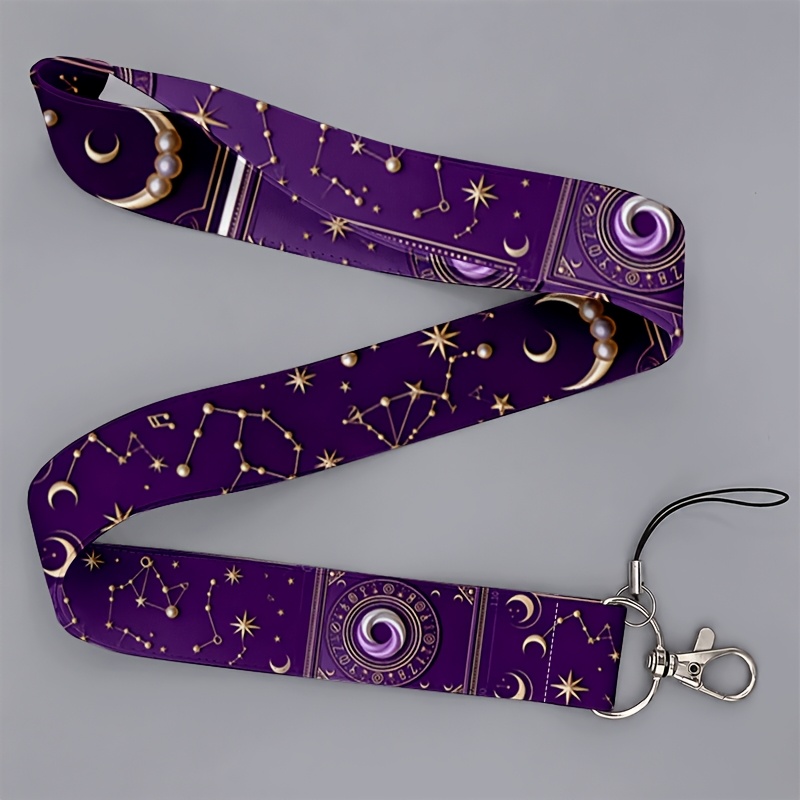 TEMU 2d 1 Suitable For Men And Are Work Or School, Mystical Astrology Style Purple Lanyard With Golden Constellation & Moon Print, For Phones And Id