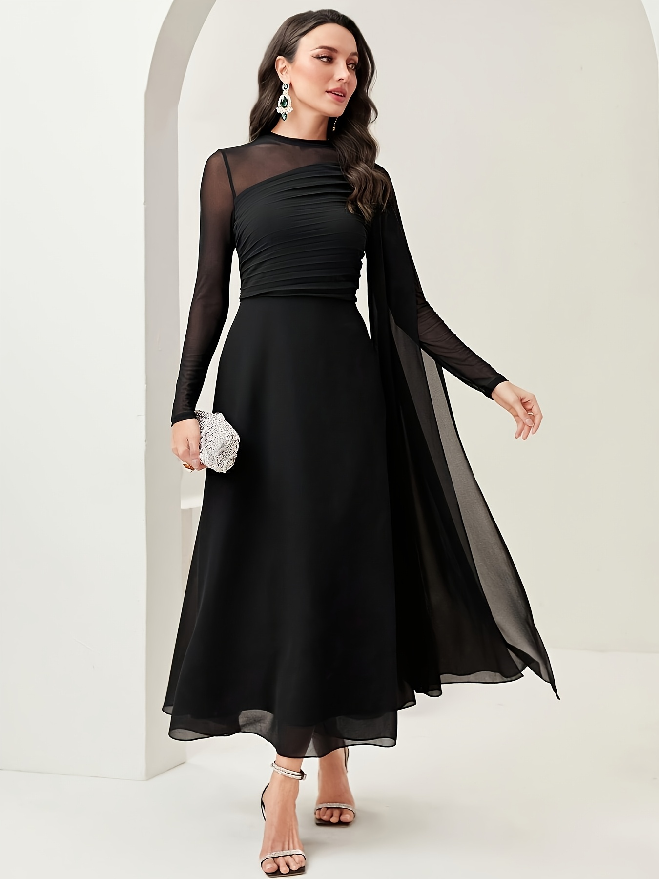 women's stylish long sleeve shoulder black dress sheer - Temu